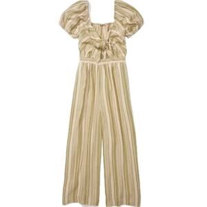 American Eagle Linen Blend Green Striped Short Sleeve Tie Bust Wide Leg Jumpsuit